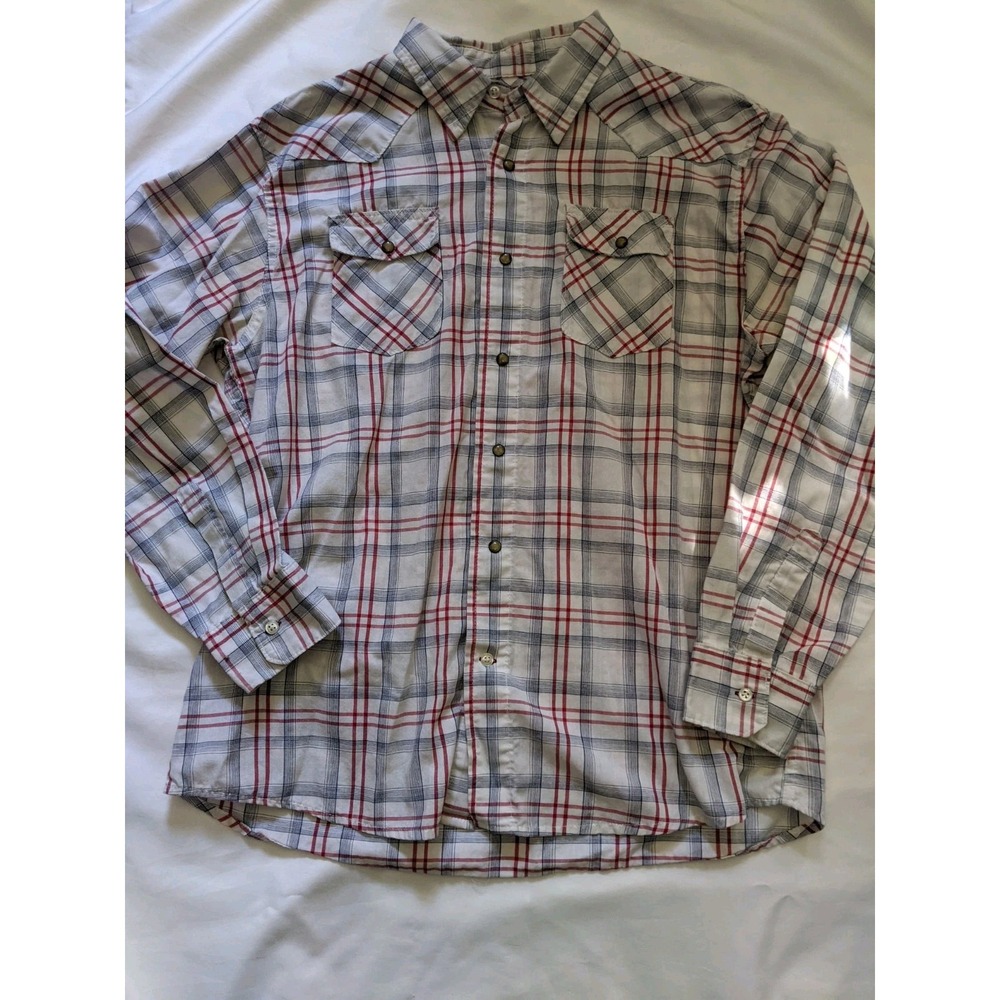Wrangler Shirt Red‎ Western Shirt Size XL Pearl Snap Plaid Cotton Blend